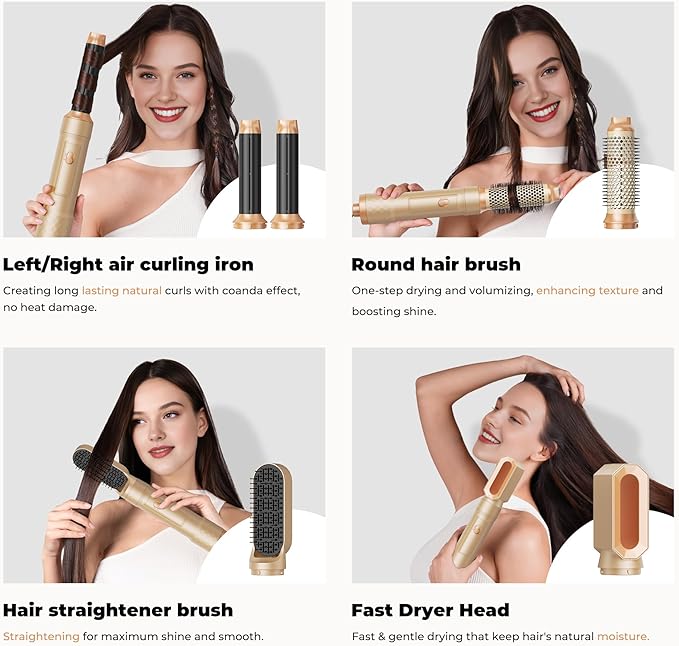 6 in ONE Blow Dryer Brush,Air Curling Iron Round Brush Blow Dryer 800W,Ionic Hair Dryer Brush for Women, Hot Air Brush Hair Styling Tools 100-120V