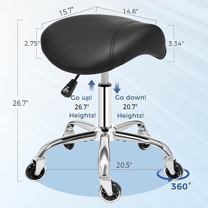 ANWBROAD Saddle Stool with Wheels Ergonomic Swivel Adjustable Rolling Stool with PU Leather Thick Wide Saddle Seat Padding Comfortable Rolling Saddle Chair for Salon Massage Clinic Black UWSS001B