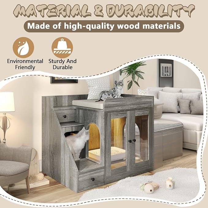 Cat Litter Box Enclosure with Light, Hidden Litter Box Furniture with 2 Storage Drawers & Smart Doors, Cat House Side Table for Living Room Entryway (Grey)