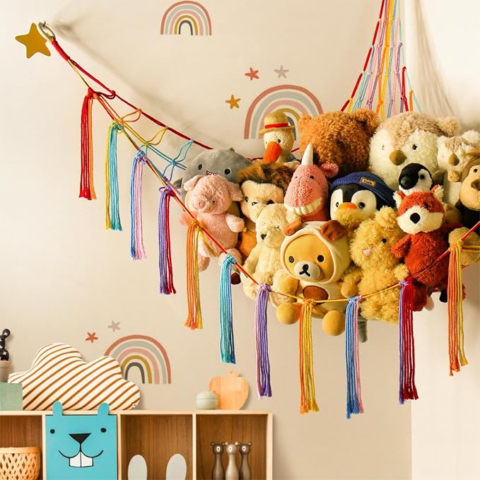 mirolam Stuffed Animal Hammock Corner Storage Net Cute Preppy Trendy Stuff Gifts for Teen Girls Baby Room Wall Nursery Decor Rainbow Color Colorful Unicorn Hanging Organizers XL Large