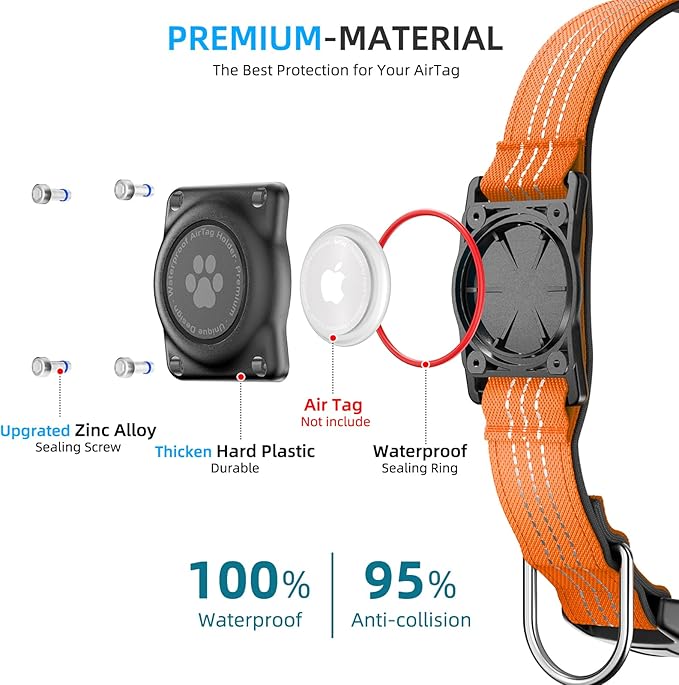 Upgrade Dog Collar with AirTag Holder, IP68 Waterproof, Orange, XL | Built-in Water Resistant AirTag holder, 1000D Nylon, Reflective Stitching for Night Visibility, Soft padding for Comfort