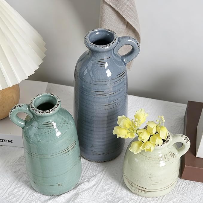 Ceramic Vase Set of 3, Vase Home Decor with Handle, Waterproof Vases | Farmhouse Vases Home for Pampas Grass & Dried Flowers, Flower Vase for Table Living Room Home Decor-Multicolor