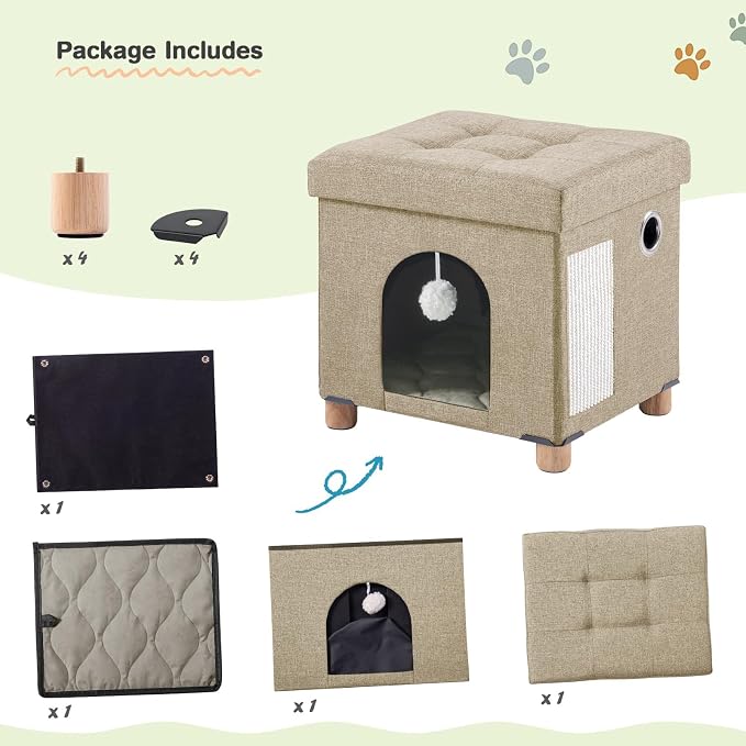 BRIAN & DANY Cat Beds for Indoor Cats,Cat Cave House for Kitten with Scratch Board & Ball, 14.7" x 14.1” x 12.7”, Light Khaki