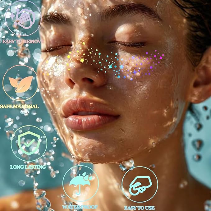 Glitter Freckles, 24PCS Glitter Freckles Face Tattoo, Sparkle Freckles for Women, Waterproof Gold Temporary Face Tattoos Glitter Glow Up Patches Makeup Patches (Holographic 12pcs)