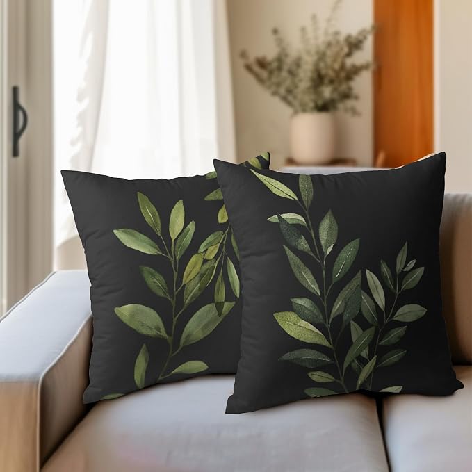 Kawani Green Leaves Black Pillow Covers 16x16 Inch Set of 2 Spring Summer Leaf Branches Square Pillowcase Cotton Linen Cushion Case Decoration for Couch Sofa Bedroom Living Room