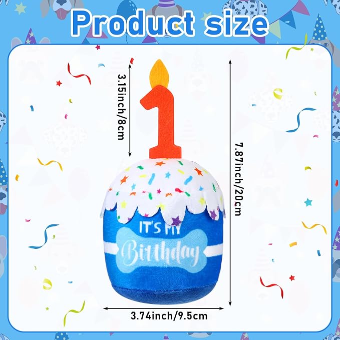Dansydaisy Dog Birthday Cake Toy Squeaky Plush Gift,1st,Blue