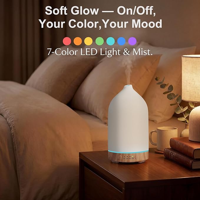 Gooamp 200ML Ceramic Essential Oil Diffuser (Set of 2) - Ultrasonic Aromatherapy & Humidifier with 7-Color LED Lights, Auto Shut-Off, Wood Grain Base, 1H/3H/6H Timer | Scent for Home, Office, Yoga