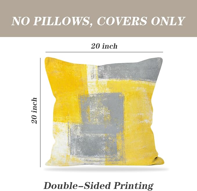 Throw Pillow Covers for Couch, 20x20 Inch, 2 Pack, Grey Yellow | Decorative Throw Pillow Covers Cushion Covers for Couch Bedroom Sofa Living Room