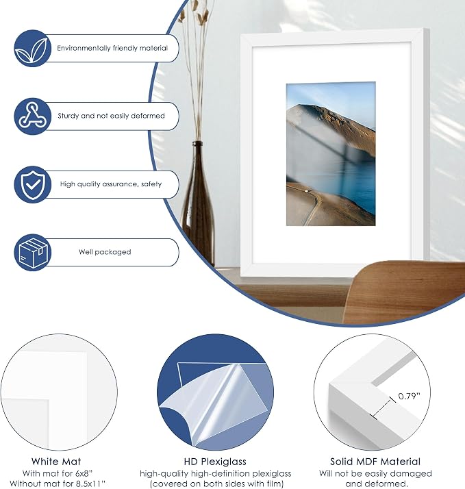 8x10 Picture Frame Set of 6, Wall or Tabletop Display, White | Display Pictures 5x7 with Mat or 8x10 Without Mat, Horizontal or Vertical, Gallery Wall Frame Set, Wedding Birthday Gifts