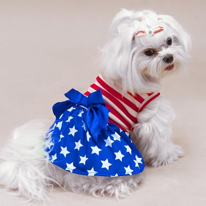 PUPTECK Print Dog Dress with Bow 4th of July Outfit Puppy Clothes XS | Flag Stars and Stripes Patriotic Outfits Apparel Costume for Celebration Holiday Party Photoshoot Puppy Doggie Pet Clothes