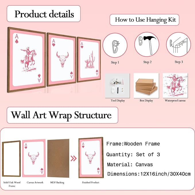 Set of 3 Western Cowgirl Wall Art Pink Bull Skull Wall Decor Painting Southwestern Playing Card Poster Canvas Prints Picture for Bedroom Living Room Wood Framed 12x16 inch