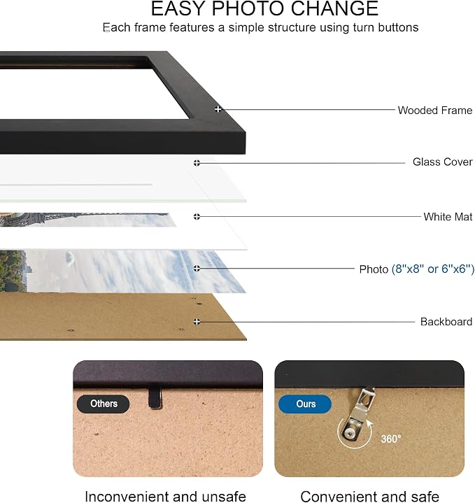 Hongkee 8x8 Picture Frames Set of 4, Made of Real Glass and Black Wooden Frame - Display Picture 6x6 with Mat or 8 x 8 Without Mat, 8 by 8 Photo for Wall or Tabletop