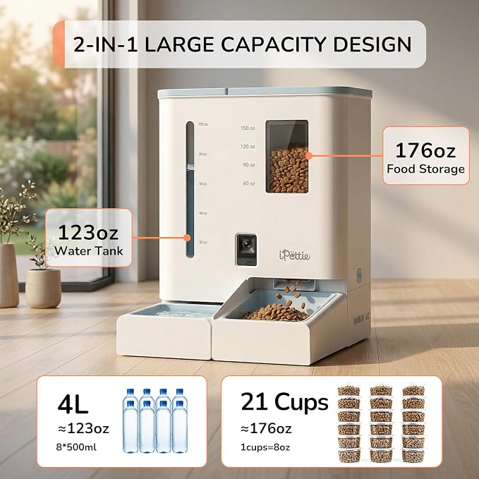 iPettie Camera Automatic Cat Feeder and Water Dispenser, 5G/2.4GHz WiFi | 2K HD Video, Night Vision, APP Scheduling & Alerts, 1 Filter Included, 300oz Large Capacity for 2 Weeks, FW54 Camera Version