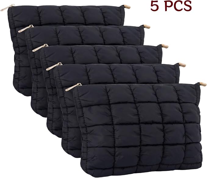 Soft Quilted Puffy Makeup Bag Bulk for Women, Aesthetic Puffer Cosmetic Bag Pouch for Purse (Black 5)