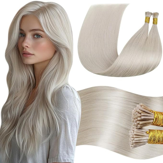 LaaVoo I Tips Hair Extensions Real Human Hair Platinum Blonde ITip Hair Extension Human Hair 18 Inch Blonde I tips Extensions Blonde Cold Fusion 50g/50s