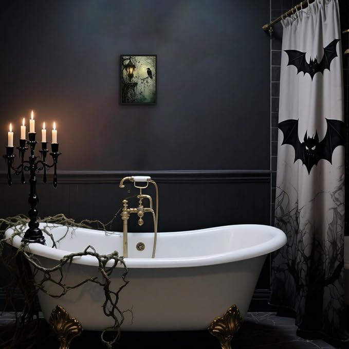 Gothic Decor Framed Wall Art, Vintage Dark Academia Canvas Prints, Horror Forest Crow Wall Decor for Living Room Bedroom Home Decor – Black Wooden Frame 8x10in