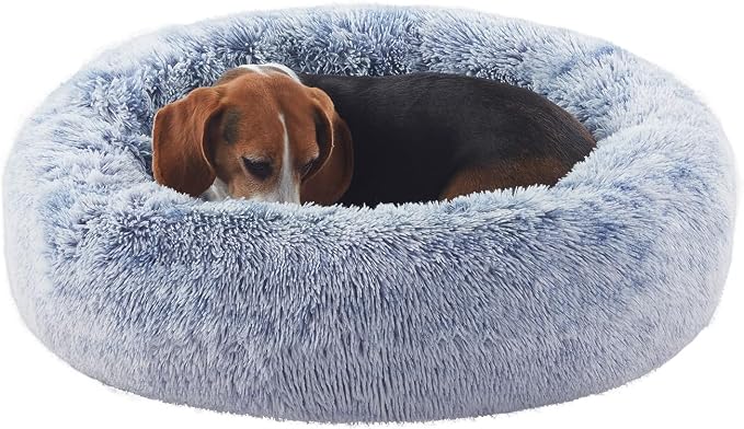 33 in Faux Fur Fluffy Donut Dog Bed for Medium Plus Dogs,Dark Blue | Calming Plush Round Pet Bed with Removable & Washable Cover,Fits up to 65 lbs Pets