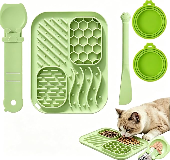 AZY 5-Piece Slow Feeder Cat Bowl Set with Strong Suction Cups | Silicone Lick Mat, Cat Treat Dispenser, Food Spoon & 2 Reusable Can Covers for Wet Food, Whisker-Friendly & Dishwasher Safe