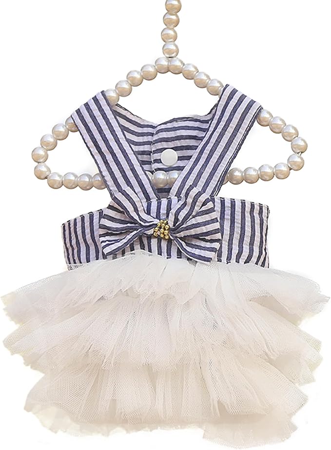 Dog Dresses, Fashion Pet Dog Clothes, Striped Mesh Puppy Dogs Princess Dresses (Blue, X-Small)