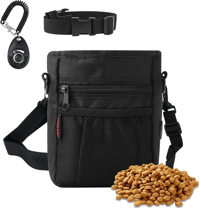 kissleaf Dog Treat Pouch, Magnetic Closure, Dog Clicker- Black