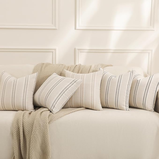 Hckot Throw Pillow Covers 22x22 Set of 2 Striped Pillow Covers Textured Linen Decorative Pillows Square Cushion Covers for Sofa Couch Bed Living Room Farmhouse Decor, Black
