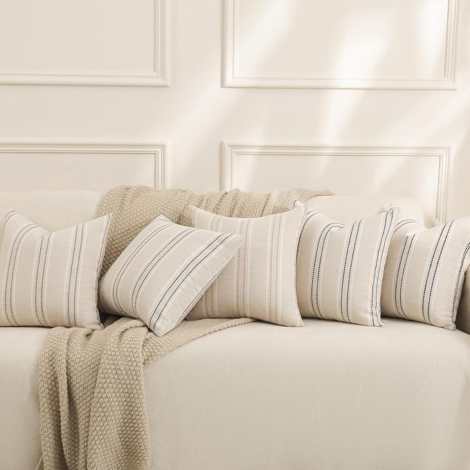 Hckot Decorative Pillow Covers 18x18 Striped Throw Pillows Textured Linen Pillow Covers Farmhouse Decor Cushion Covers for Couch Bed Living Room, Grey