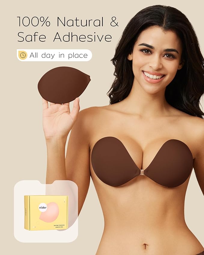 Niidor Adhesive Bra Strapless Sticky Invisible Push up Silicone Bra for Backless Dress with Reusable Nipple Covers