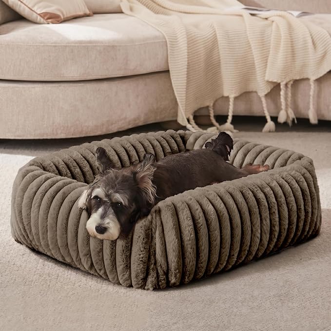 FURTIME Dog Bed for Small Dogs, Washable Orthopedic Dog Bed with Removable Cover, Rectangle Soft Calming Sleeping Puppy Bed Durable Pet Cuddler with Anti-Slip Bottom, Coffee, S (20"x19"x6")