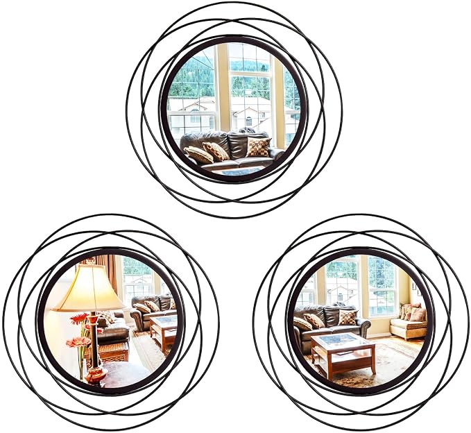 3 Set Round Mirrors for Wall Decor Living Room Bedroom Bathroom Dining Room Metal Circle Mirror Set Boho Decorative Sunburst Wall Art Accent Entryway - Black 9.5 in