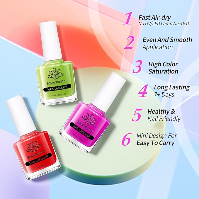 Born Pretty Neon Jelly Nail Polish Set, 6 Colors Spring Summer Ice Jelly Neon Nail Polish Quick Dry Fingernail Polish Kit Crystal Transparent Hot Pink Yellow Green Blue Nail Lacquer Glossy Polish Set