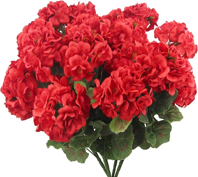 CISDUEO 4 Pcs Artificial Geraniums for Outdoors Silk Flowers Outside Red | Faux Flowers Geraniums for Outdoor Planter Floral Home Decor Indoor Garden Patio Grave Cemetary Vase Table Centerpiece