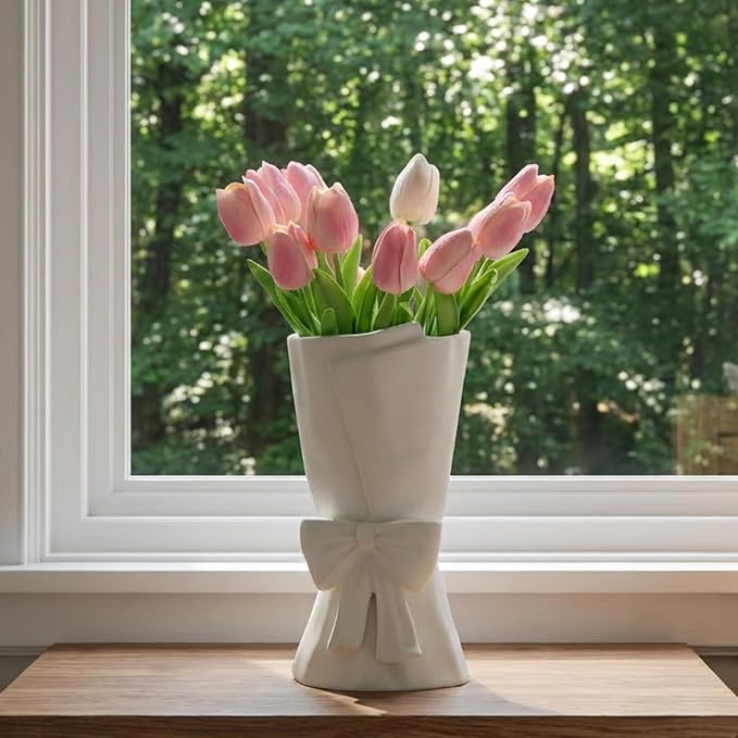 Relexome White Ceramic Bow Vase Unique Cute Decorative Bouquet Flower Vases 9.64 in Summer Home Decor Vase