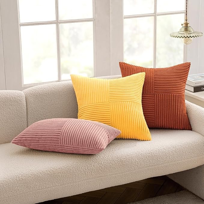 MIULEE Yellow Decorative Throw Pillow Covers for Couch 18x18 Inch | 2 Pack, Boho Farmhouse Pillow Covers, Soft Cross Corduroy Patchwork Textured Cushion Cases For Bed Sofa