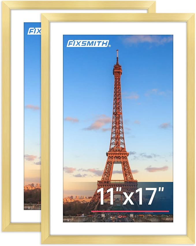 11x17 Picture Frame Gold Set of 2, Photo Frame with HD Plexiglass, Display Pictures 9x15 with Mat or 11x17 Without Mat, Gold Picture Frames Collage Wall Decor, Gallary Wall Frame
