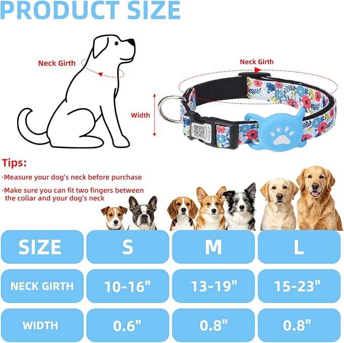 PUPTECK Airtag Dog Collar, Reflective with QR Code Buckle, Waterproof AirTag Holder Outdoor Tracking Pet Collars, Adjustable Soft Padded Durable for Small Medium Large Dogs Walking Training, Blue L