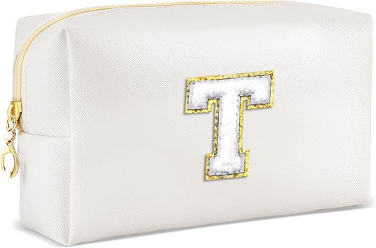 URSKYTOUS Gifts for Girls Initial Makeup Bag Personalized Cosmetic Bag with Zipper Cute Travel Toiletry Bags Waterproof PU Preppy Makeup Pouch Birthday Gift for Teen Girls Women(White T)