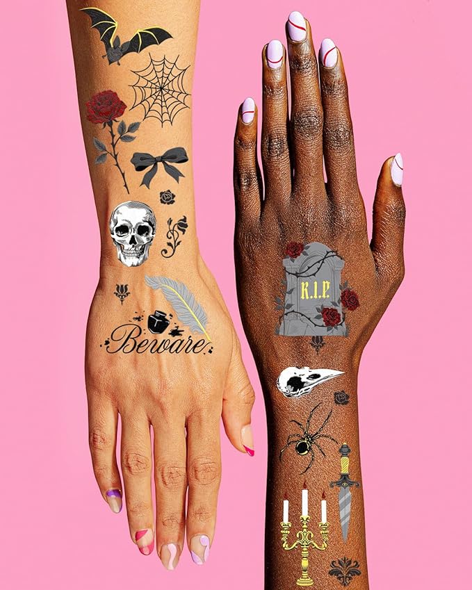 xo, Fetti Horror Temporary Tattoos - 80 Gold Foil Pcs | Halloween, Gothic Birthday Decorations, RIP to My 20s Accessory, Spooky Black Party Favor, Kids Trick or Treat