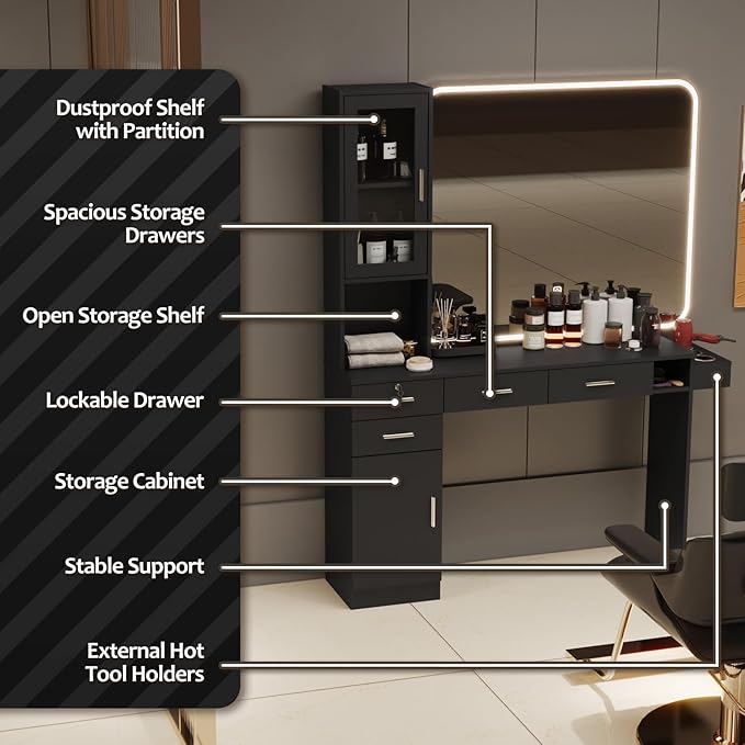 Barber Salon Station for Hair Styling, Wall Mount Beauty Spa Furniture Equipped with Salon Equipment Hair Dryer Holder, Drawers, Storage Cabinet and Open Shelves, Without Mirror (Black)