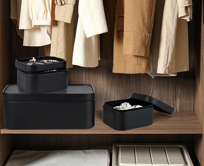 HofferRuffer Faux Leather Decorative Storage Boxes, Dust proof Storage Shelf Baskets with Lids Trays, Storage Bins Memory Box Organizer for Home, Office, Jewelry & More, Set of 3 (Black)