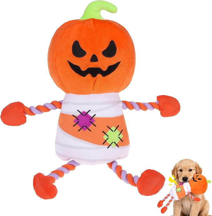 EXPAWLORER Halloween Dog Squeaky Toys - Interactive Funny Pumpkin Chew Toy