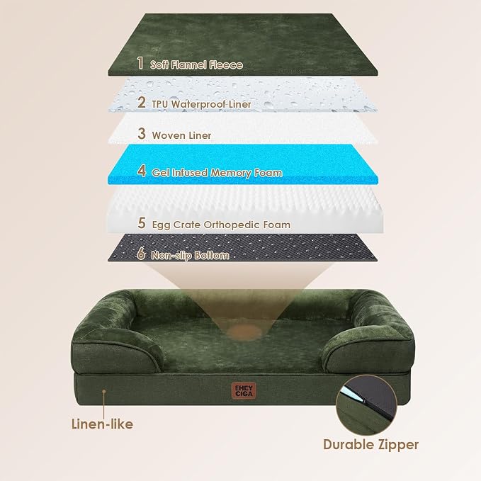 EHEYCIGA Orthopedic Dog Beds for Large Dogs, Waterproof Memory Foam Large Dog Bed with Sides, Non-Slip Bottom and Egg-Crate Foam Pet Couch Bed with Washable Removable Cover, Dark Green | Non-Slip Bottom and Egg-Crate Memory Foam XL Dog Couch Bed with W...