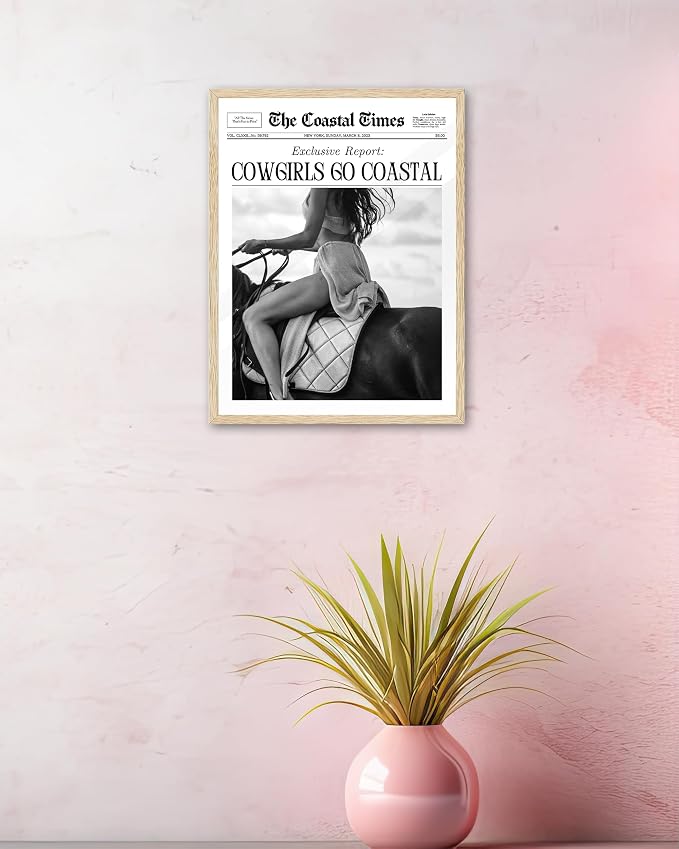 iHery 8x10in Cowgirls Go Coastal Framed Newspaper Wall Art | Natural OAK Wood Frame with Canvas Print, Western Horseback Decor for Bedroom, Dorm, Living Room and Gallery Wall, 1Pack