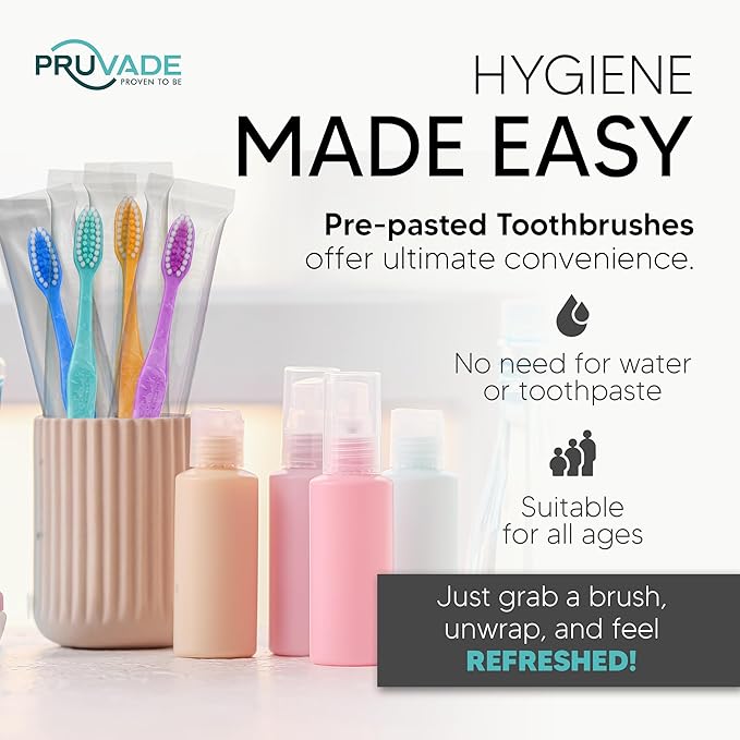 Pruvade 100 Pack Disposable Toothbrushes with Toothpaste Built in | Premium Quality Prepasted Toothbrushes Individually Wrapped - Waterless Toothbrush Soft Bristles for Work, Camping, Travel, Hotel
