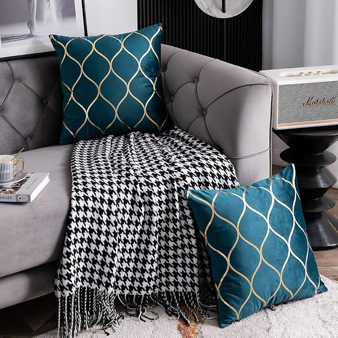 18x18 Inch Gold Velvet Throw Pillow Covers: 2 Pack Square Decorative Pillow Cases for Bedroom Sofa Couch Living Room, Teal Christmas