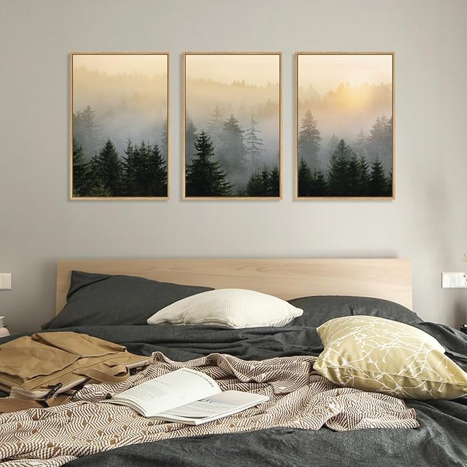 FWIEXA Misty Forest Wall Art Canvas Set, Framed Mountain Wall Decor, 3 Piece Nature Wall Painting, Foggy Pine Tree Landscape Artwork, 16x24 Inches Green Pictures for Living Room, Bedroom, Office, Gift