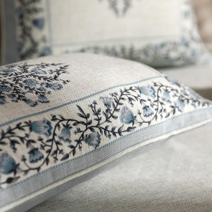 Designer Linen Throw Pillow Cover,Set of 2,18"x18"-Segerman A | Elegant Chinoiserie Square Pillow Cover,Concealed Zipper Design,Floral Pattern,Sofas,Bedroom,Living Room,Lounge Chairs