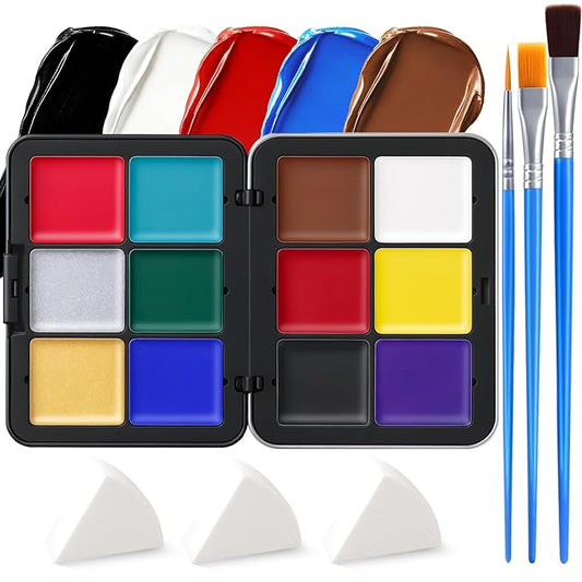 16 Colors Face & Body Paint - Blendable Facepaint Foundation with Sponge & Brush for Skin, Professional Halloween Face Make-up Kit for Zombie Clown Joker Vampire Skeleton Camo USA Flag Bruise Costume