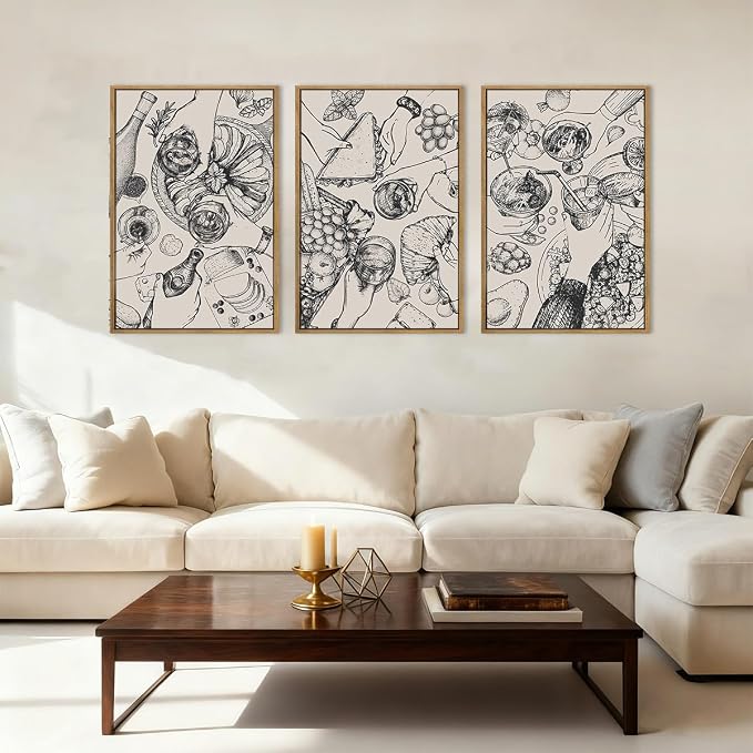 BINCUE Framed Food Wood Wall Art Set of Three Modern Cheers Kitchen Wall Decor Abstract Friends Party Art Print for Kitchen Dining Room Living Room 16x24 Inch