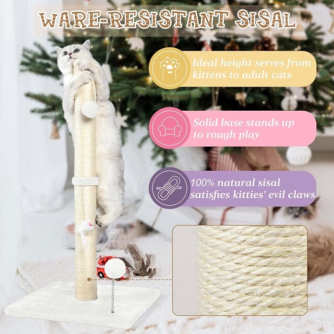ANWA 32" Tall Sisal Cat Scratching Posts Tree for Indoor Cats Adults, White | Sisal Cat Scratcher, Small Space, Cat Post with Dangling Plush Toys for Indoor Cats, 15.7" Stable Base, Cat Furniture