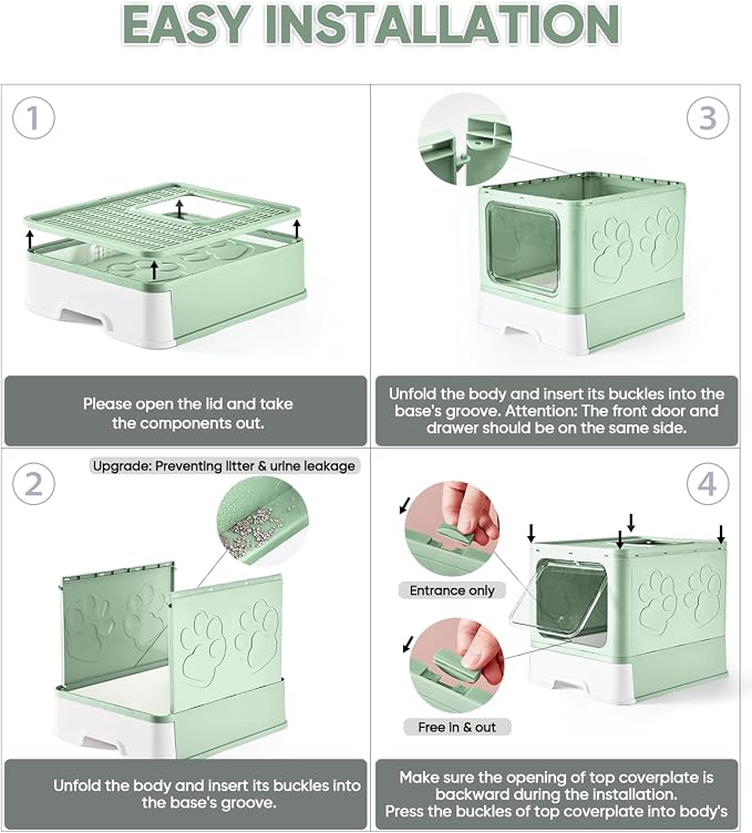 Medario Cat Litter Box with X-Large Litter Mat and Scoop(Upgrade Green) | Large Covered Litter Box with Lid, Enclosed Kitty Box,Front Top Entry Exit, Odor Control Easy to Clean